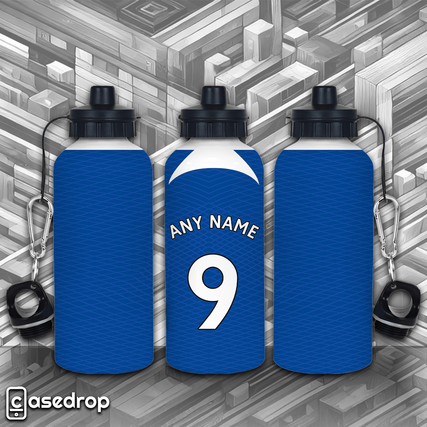 Customised Chelsea Shirt Aluminium Water Bottles - Full Design over Three Bottles Side by Side