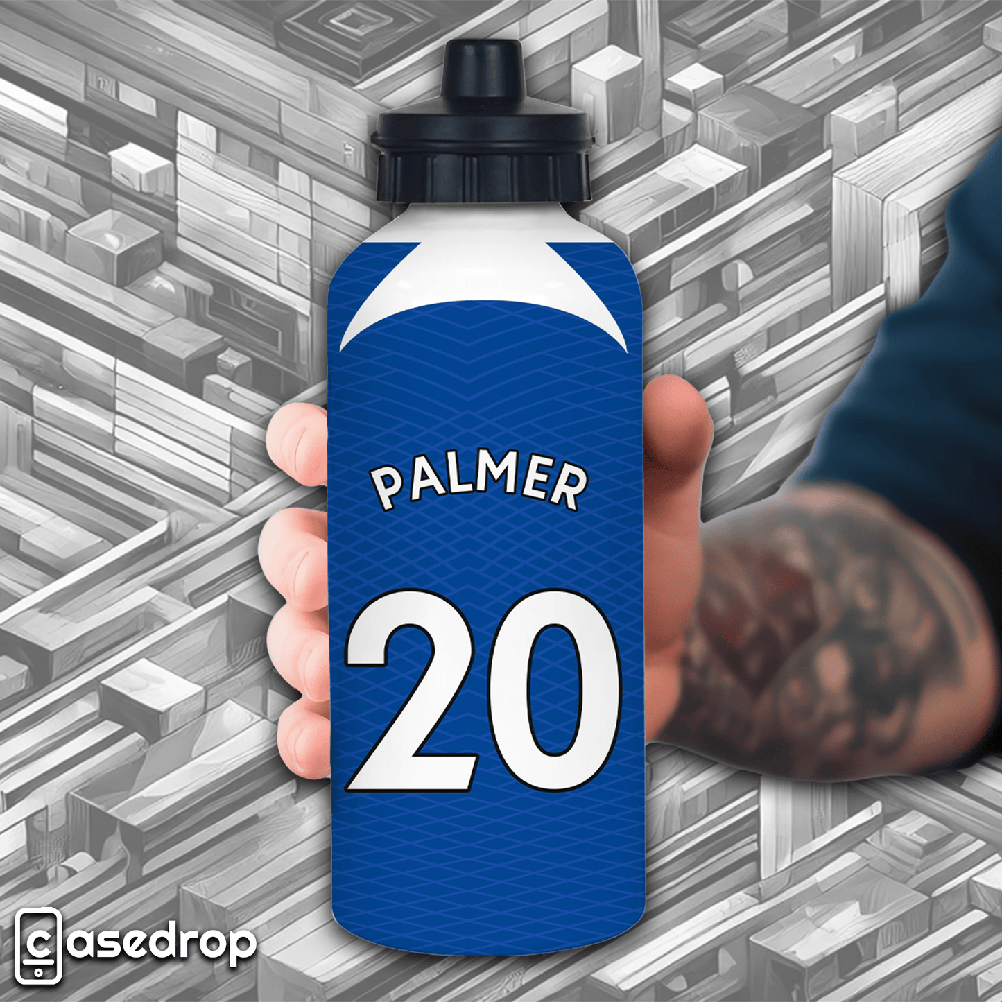 Custom Chelsea Shirt Water Bottle - Hand-Held Close-Up Showing Personalisation