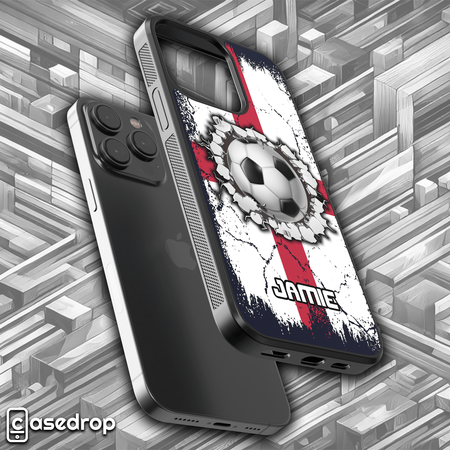 custom name England fan 3D football smash phone cover for iPhone, Samsung and Google Pixel phone models