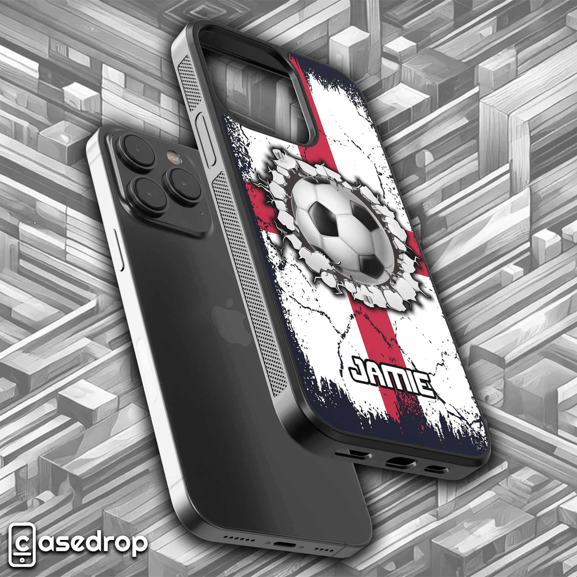 custom name England fan 3D football smash phone cover for iPhone, Samsung and Google Pixel phone models