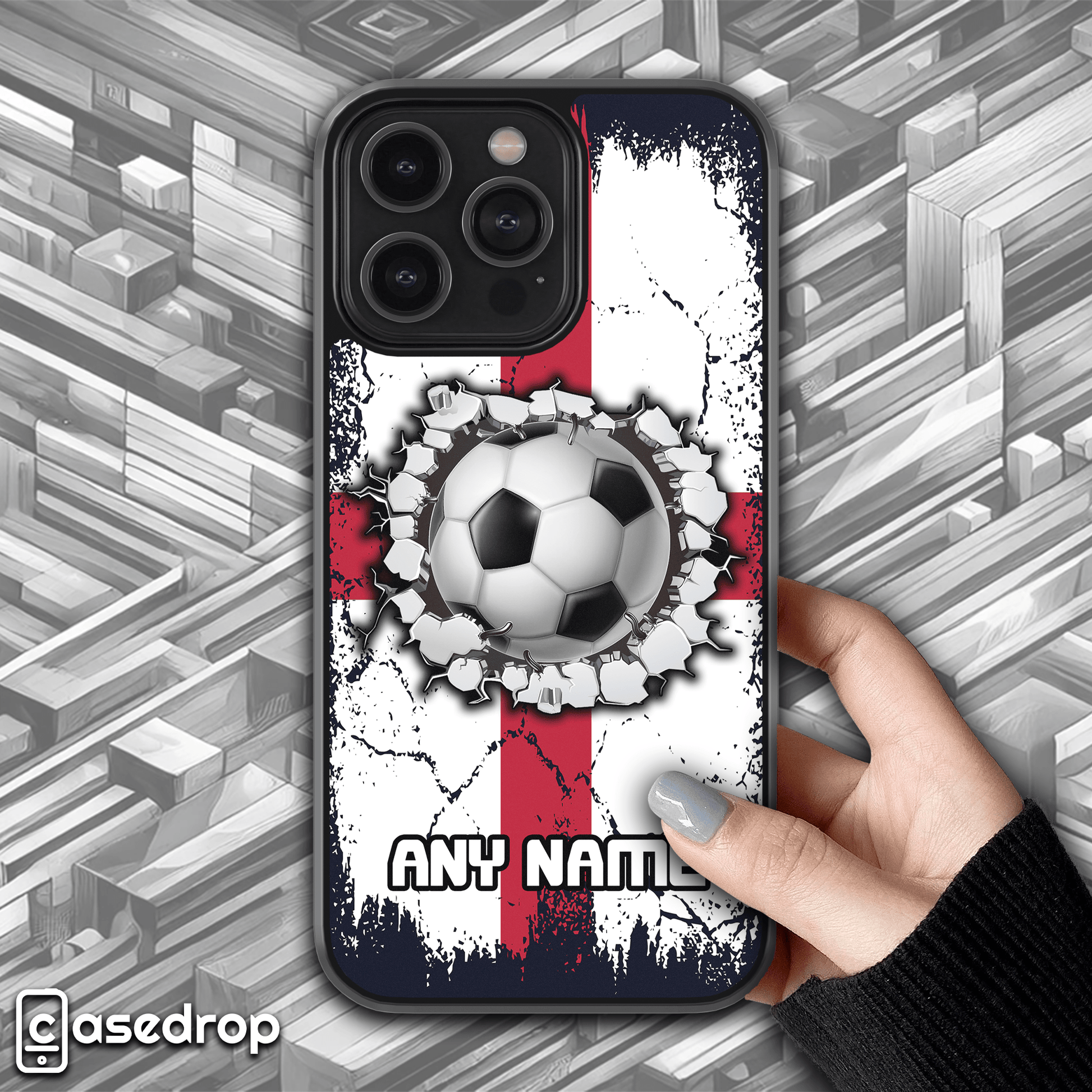personalised England football flag phone case with custom name for iPhone, Samsung and Google Pixel phone models