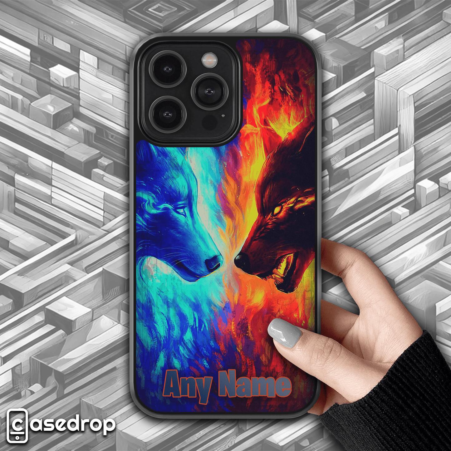 personalised fire and ice fantasy wolf dual phone case for iPhone