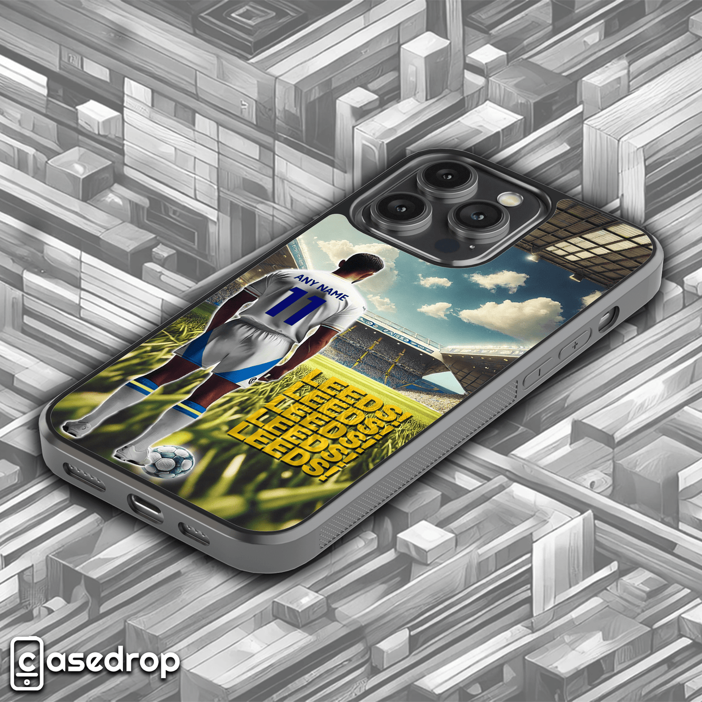 Side angle of Leeds Male Footballer Personalised Phone Case showcasing iconic team design, custom Name & Number, and durable construction