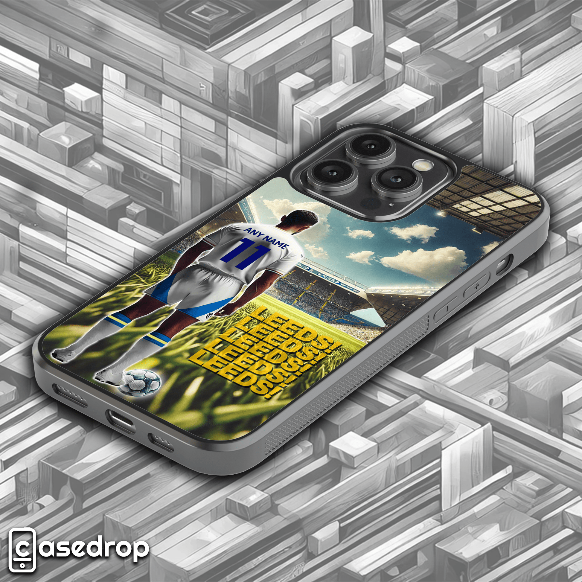 Side angle of Leeds Male Footballer Personalised Phone Case showcasing iconic team design, custom Name & Number, and durable construction