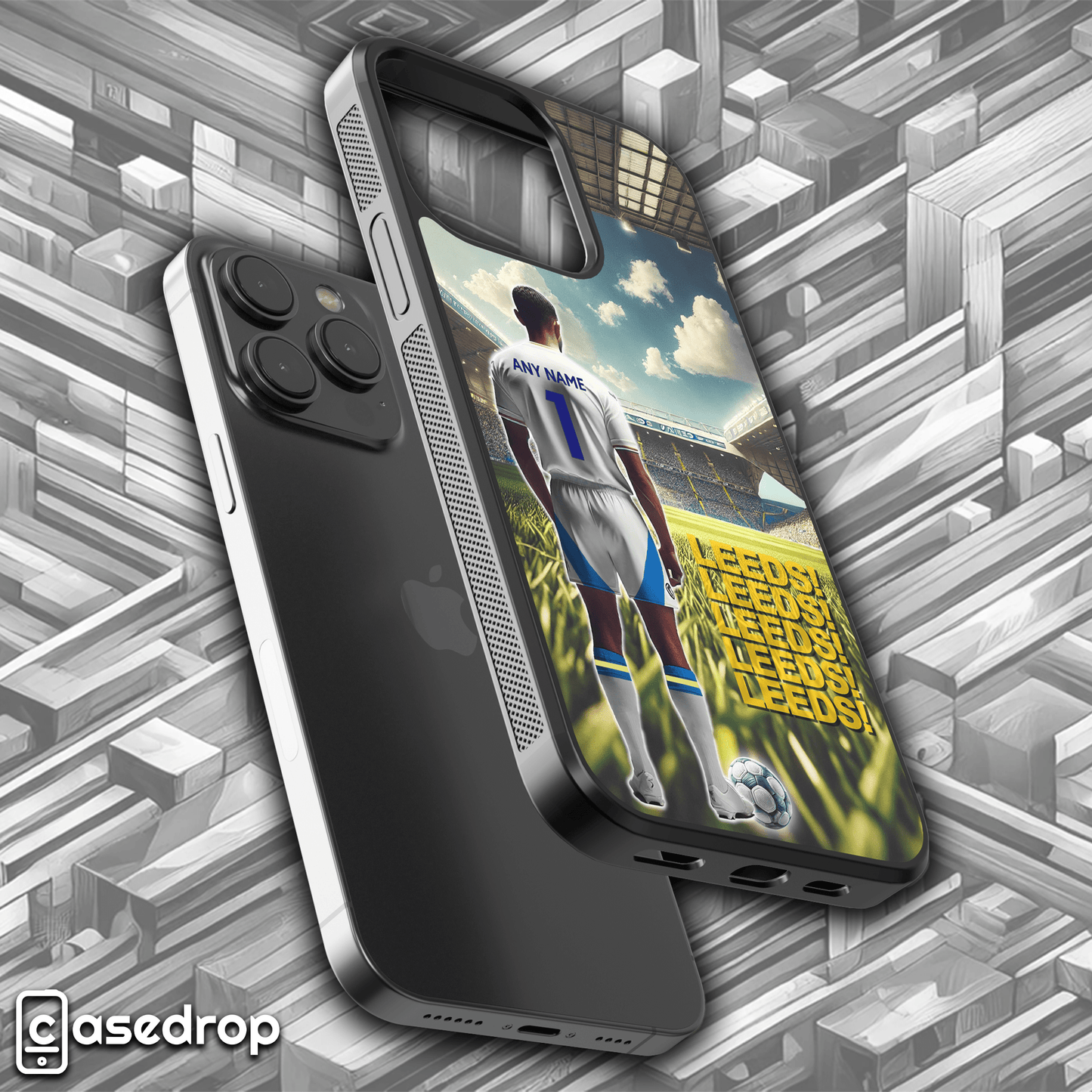 Back view of Leeds Men's Footballer Personalised Phone Case highlighting detailed kit graphics, personalised Name & Number, and rugged protection