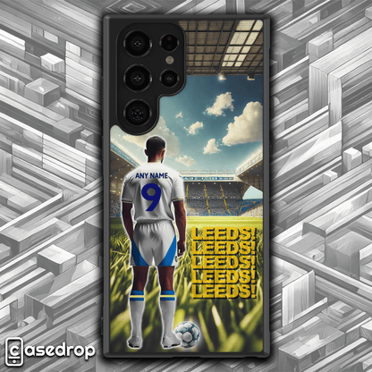 Close-up of Leeds Male Footballer Personalised Phone Case displaying intricate football kit details and customisable Name & Number for devoted fans