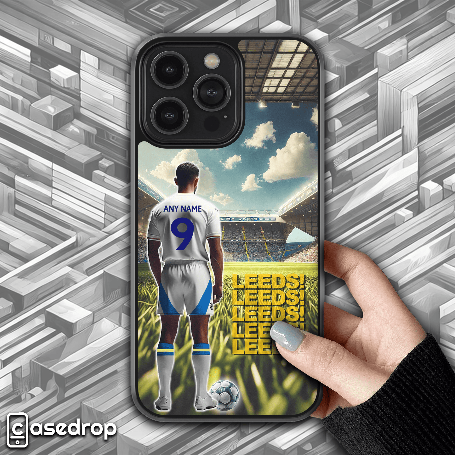 Leeds Male Footballer Personalised Phone Case front view with custom Name & Number, premium protective design for iPhone, Samsung & Google