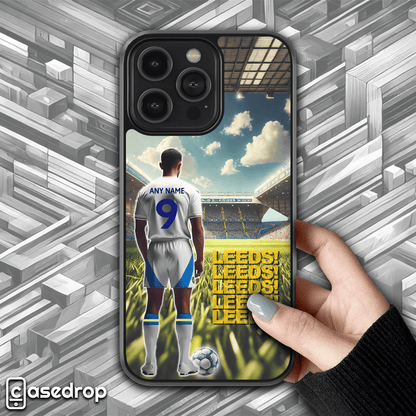 Leeds Male Footballer Personalised Phone Case front view with custom Name & Number, premium protective design for iPhone, Samsung & Google
