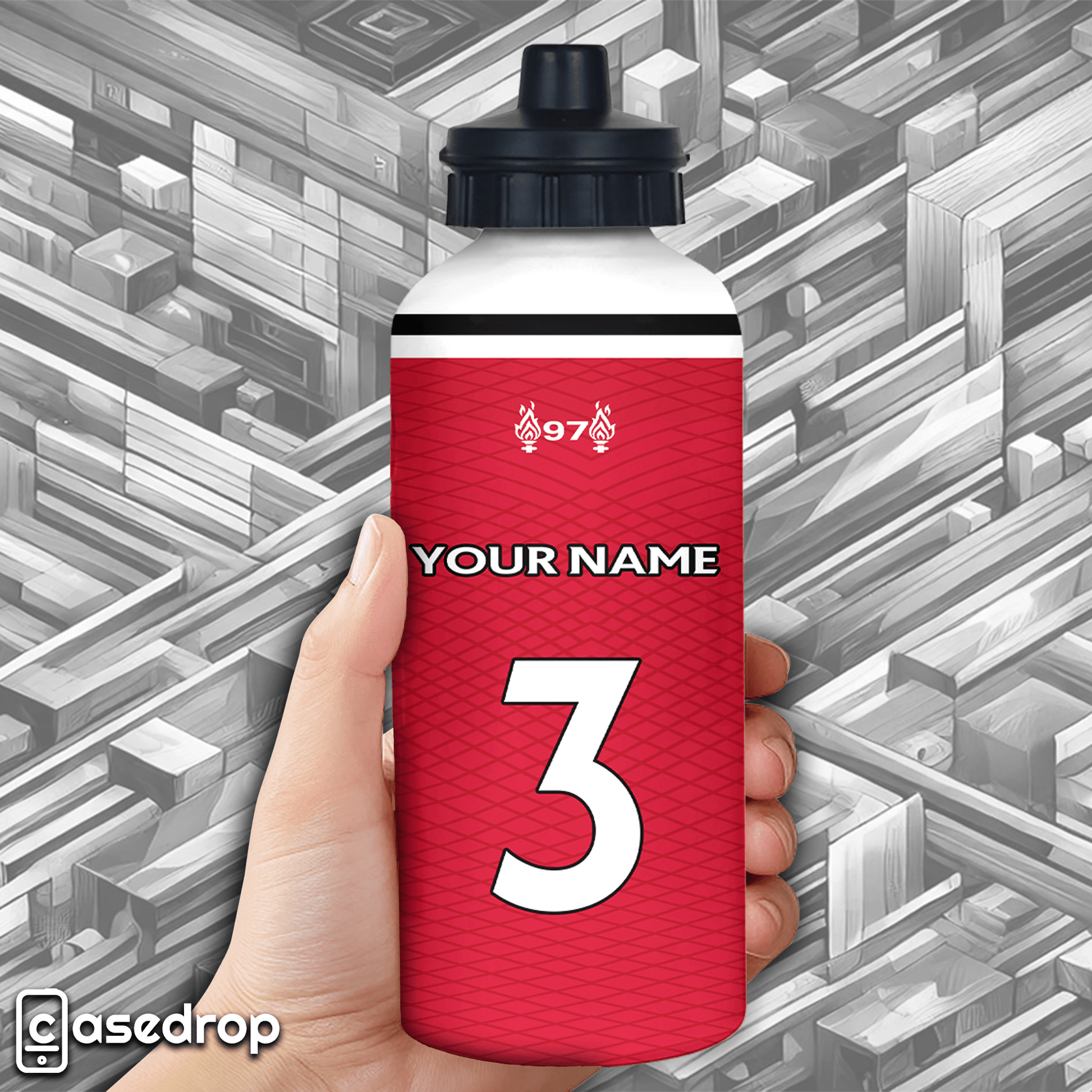 Close-Up of Personalised Liverpool FC Water Bottle with Custom Name and Number