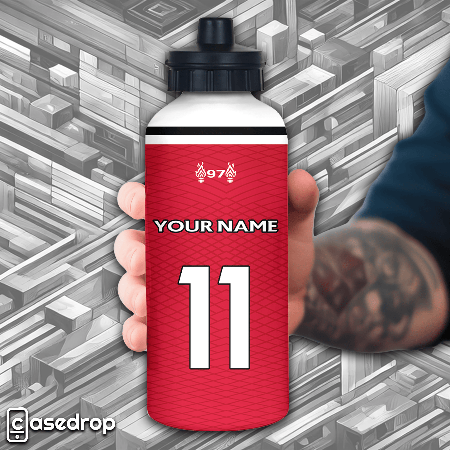 Full View of Liverpool FC Personalised Water Bottle with Name and Number Customisation