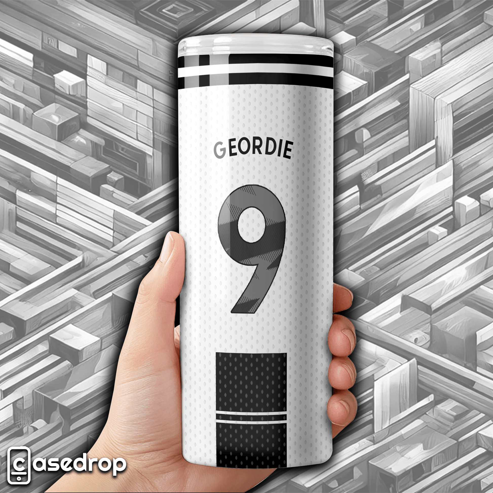 Black and white Newcastle football tumbler featuring crowd chant