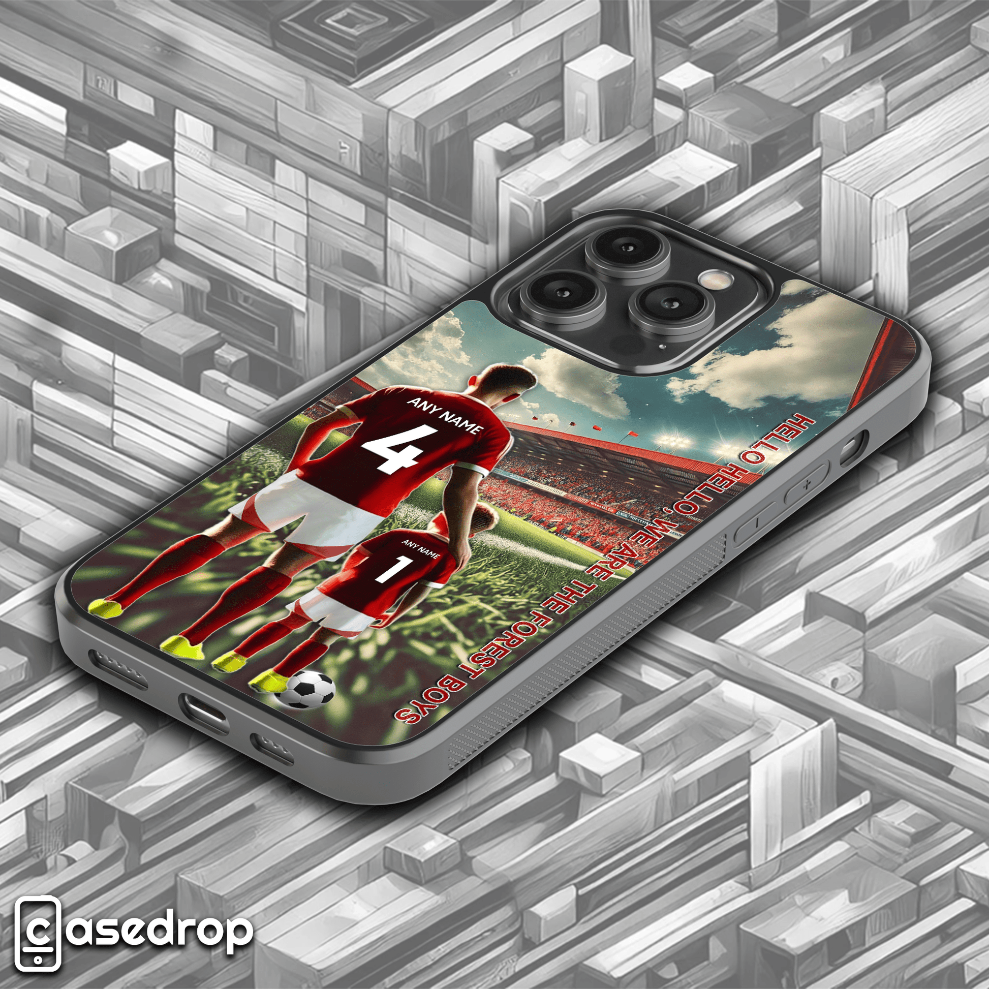 Nottingham Forest Stadium-Inspired Phone Case with Player & Child Design
