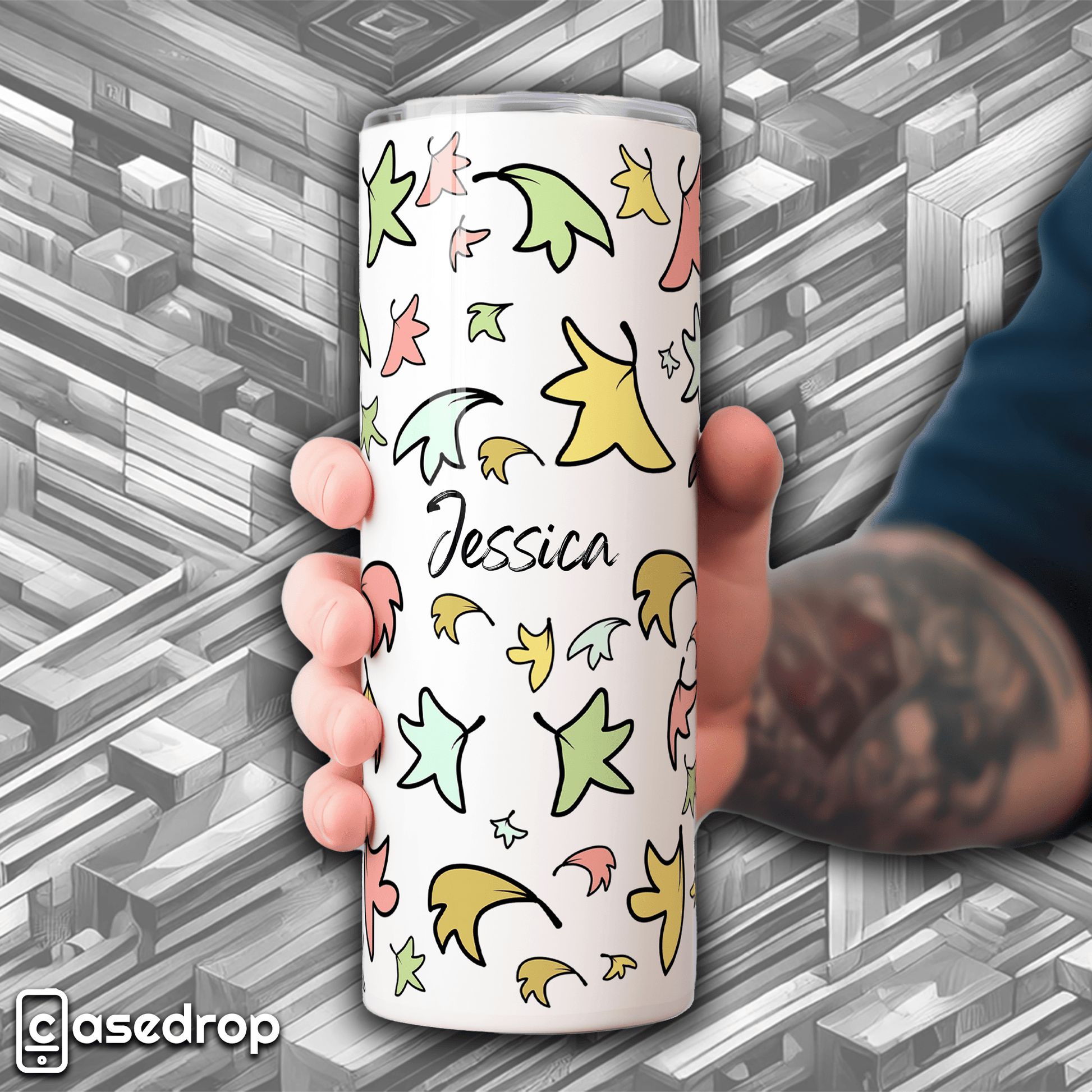 aesthetic insulated tumbler for women with pastel yellow, mint, and pink leaves