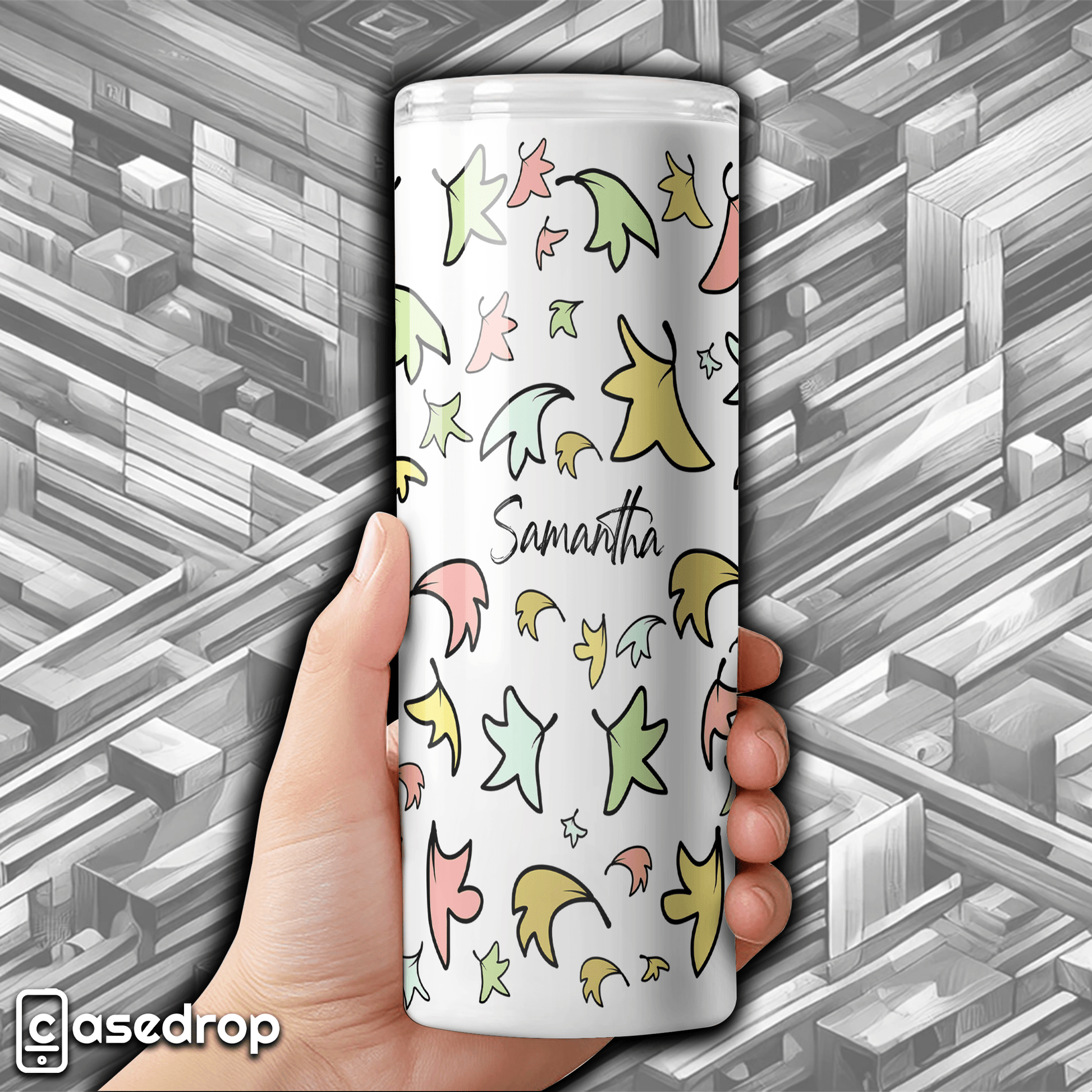 cute stainless steel travel cup with soft botanical leaf design and metal straw