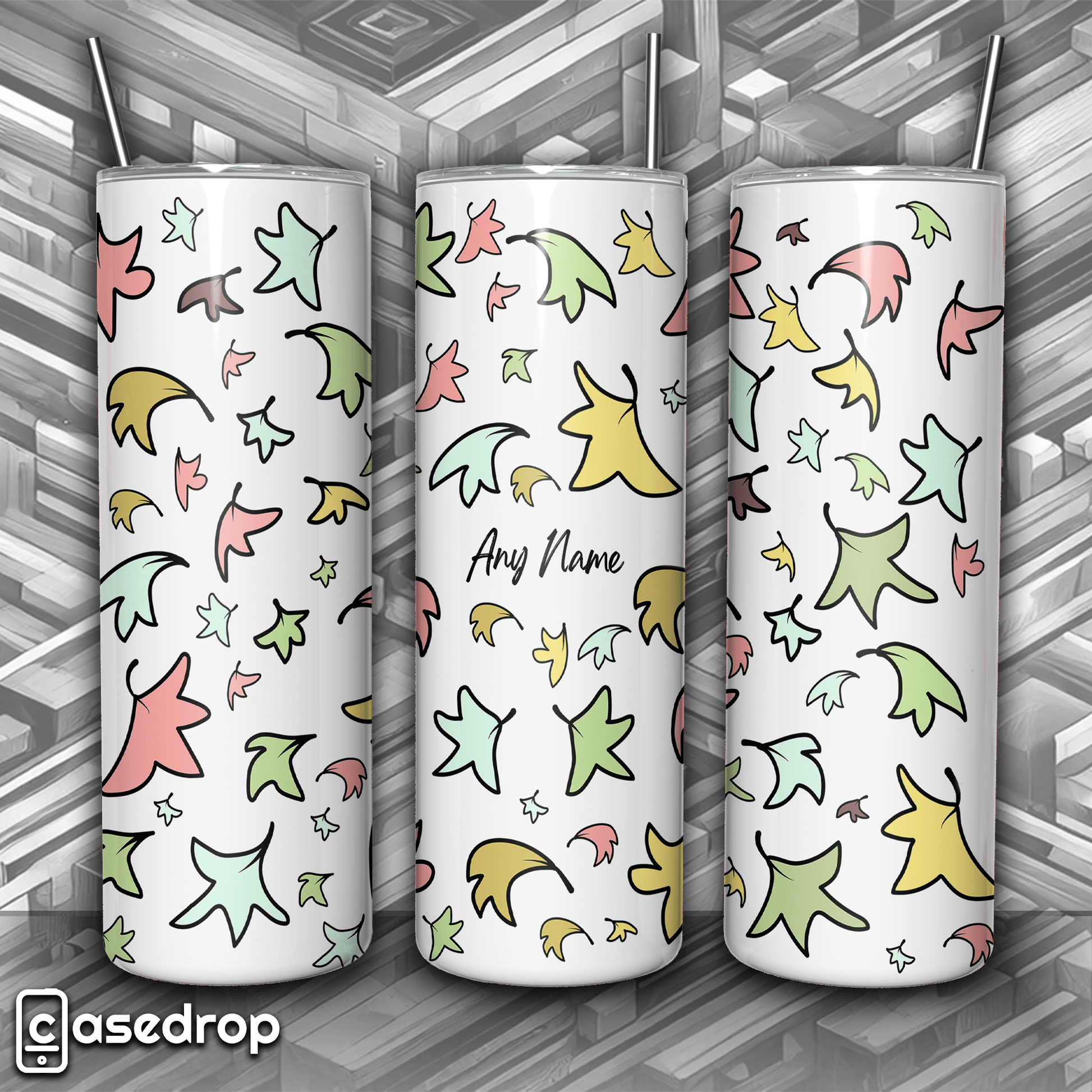 personalised 20oz tumbler featuring pastel leaf pattern with custom name option