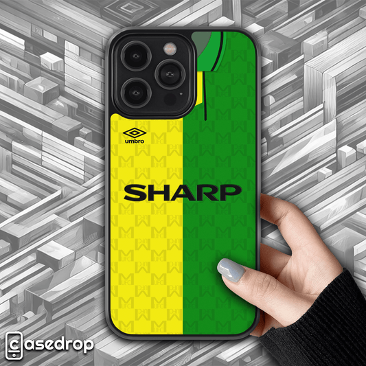 1993 Manchester United away kit phone case with classic green and yellow design