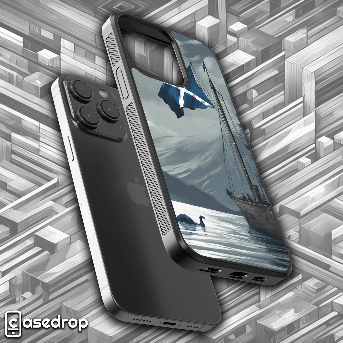 Historic Scotland Ship and Loch Ness Design: A phone case capturing Scotland’s heritage with a ship and Loch Ness Monster, along with the Scottish flag.