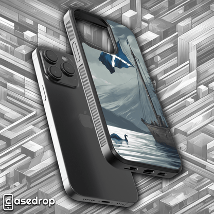 Historic Scotland Ship and Loch Ness Design: A phone case capturing Scotland’s heritage with a ship and Loch Ness Monster, along with the Scottish flag.