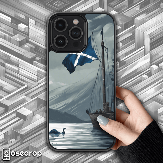 Scottish Flag and Loch Ness Monster Phone Case: A captivating phone case featuring the Scottish flag, a historic ship, and the Loch Ness Monster.