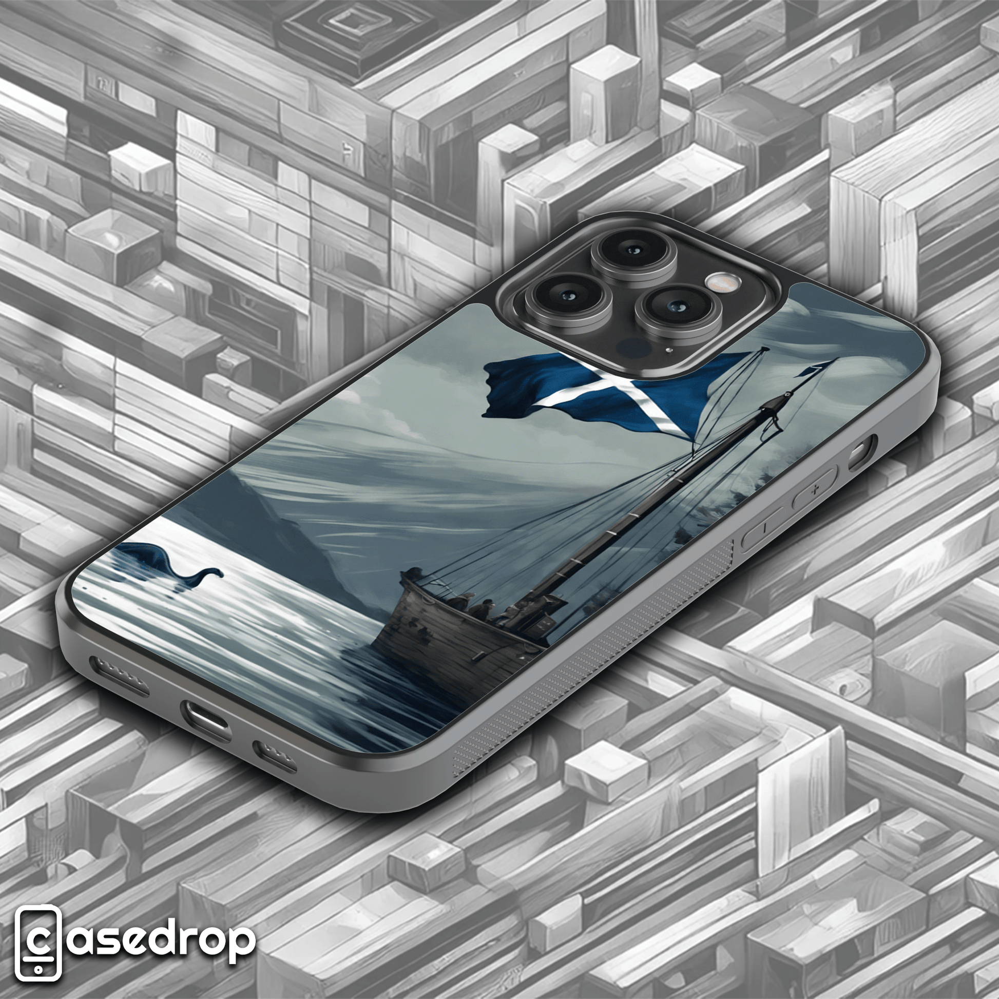 Scotland Adventure Themed Case: A beautifully designed phone case showcasing Scotland’s iconic flag, a sailing ship, and the mythical Loch Ness Monster.
