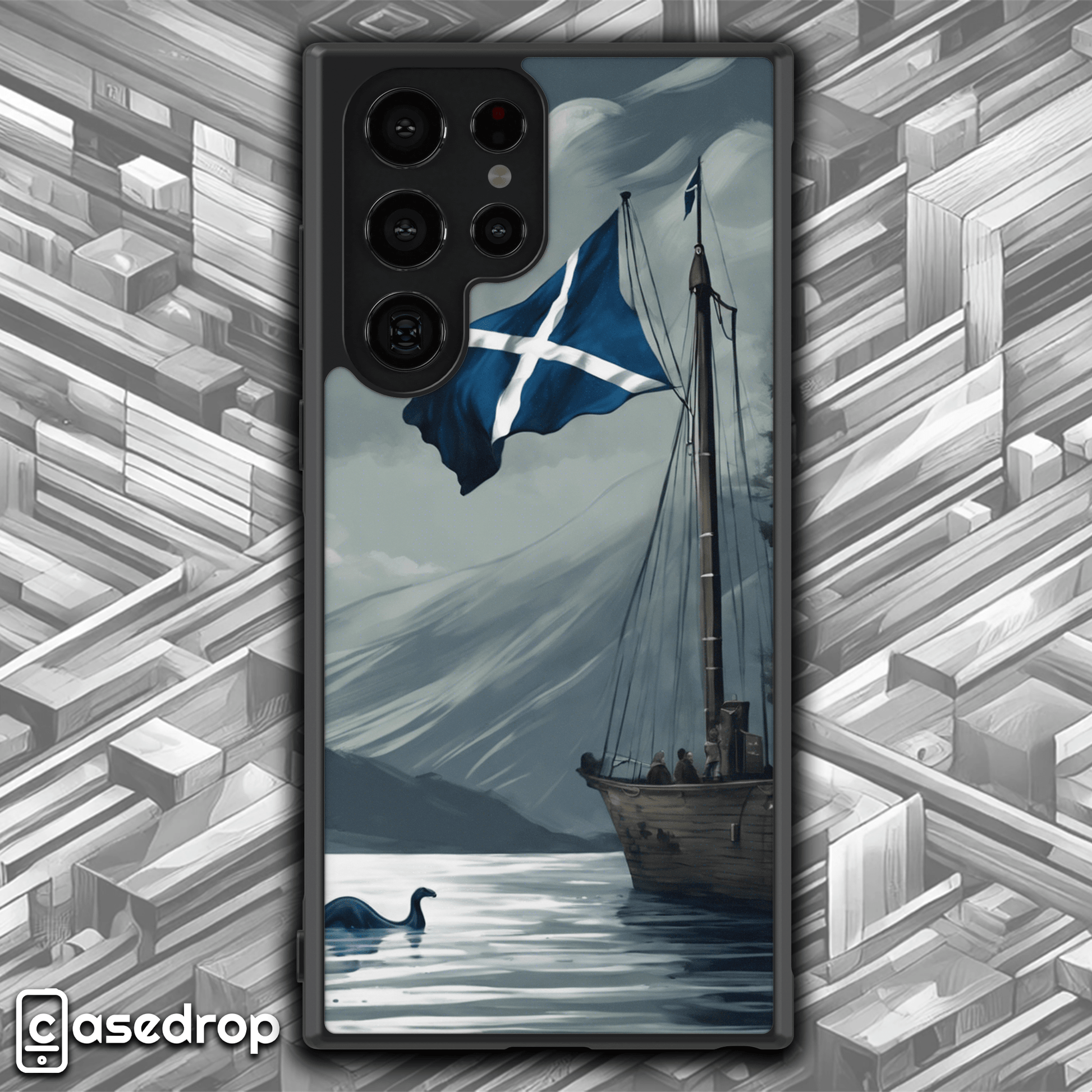 Loch Ness and Scottish Flag Phone Case: A stunning phone case featuring the iconic Loch Ness Monster, Scottish flag, and a traditional sailing ship.