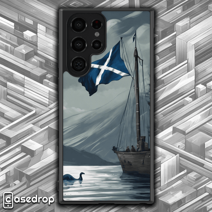 Loch Ness and Scottish Flag Phone Case: A stunning phone case featuring the iconic Loch Ness Monster, Scottish flag, and a traditional sailing ship.