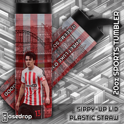 Red and white Sunderland football tumbler cup with city background