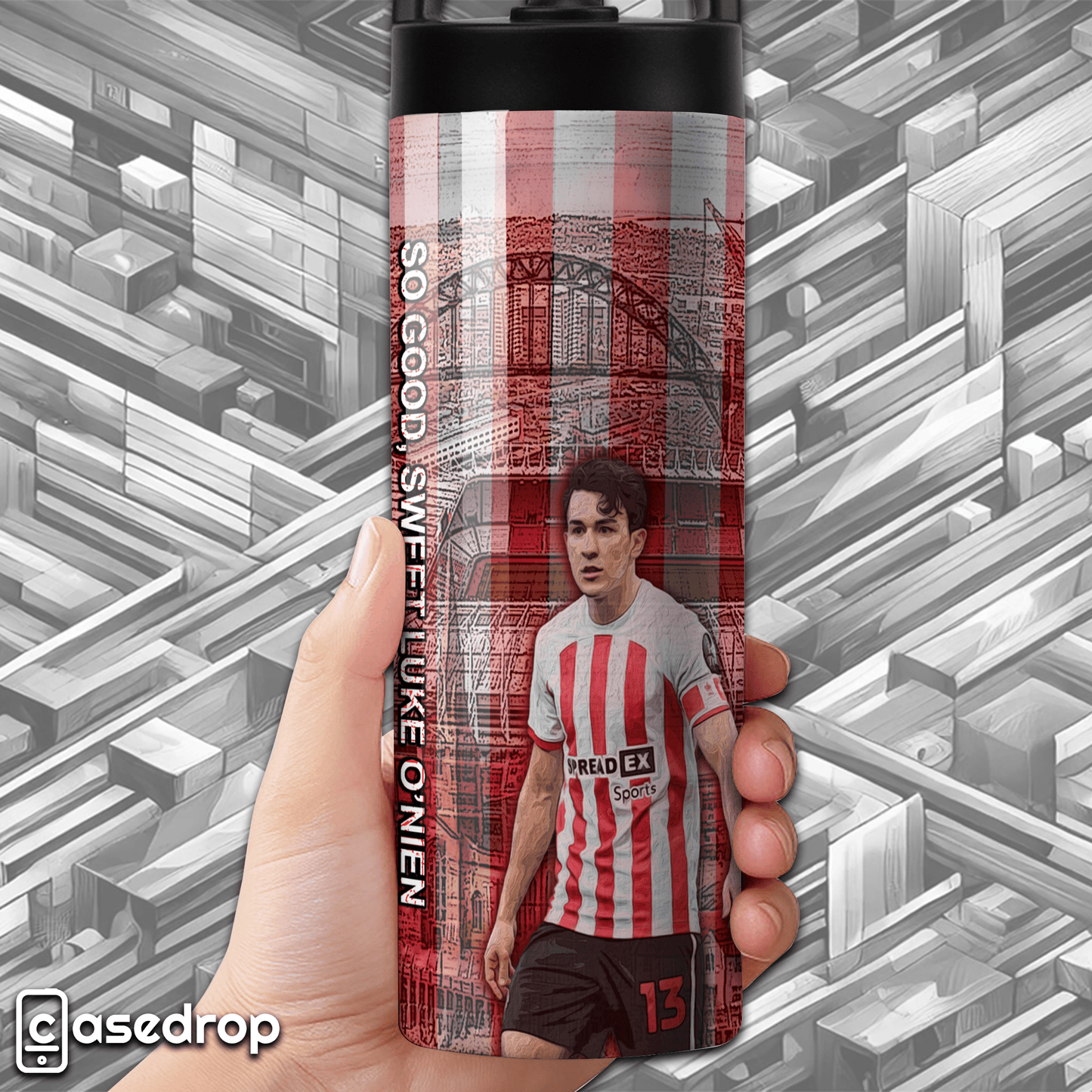 SAFC fan tumbler featuring Luke O'Nien and Stadium of Light design