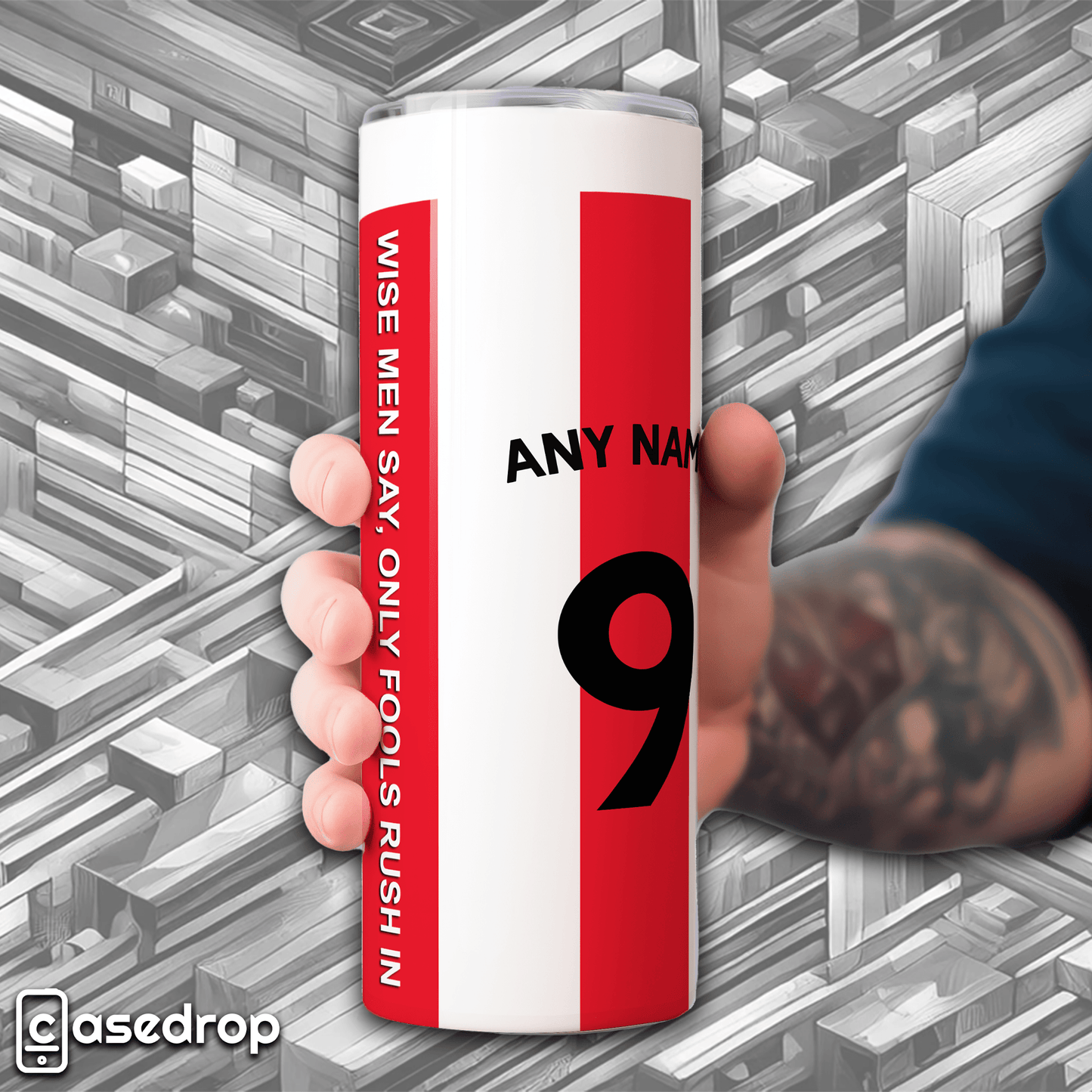 Custom Sunderland fan tumbler featuring red and white stripes