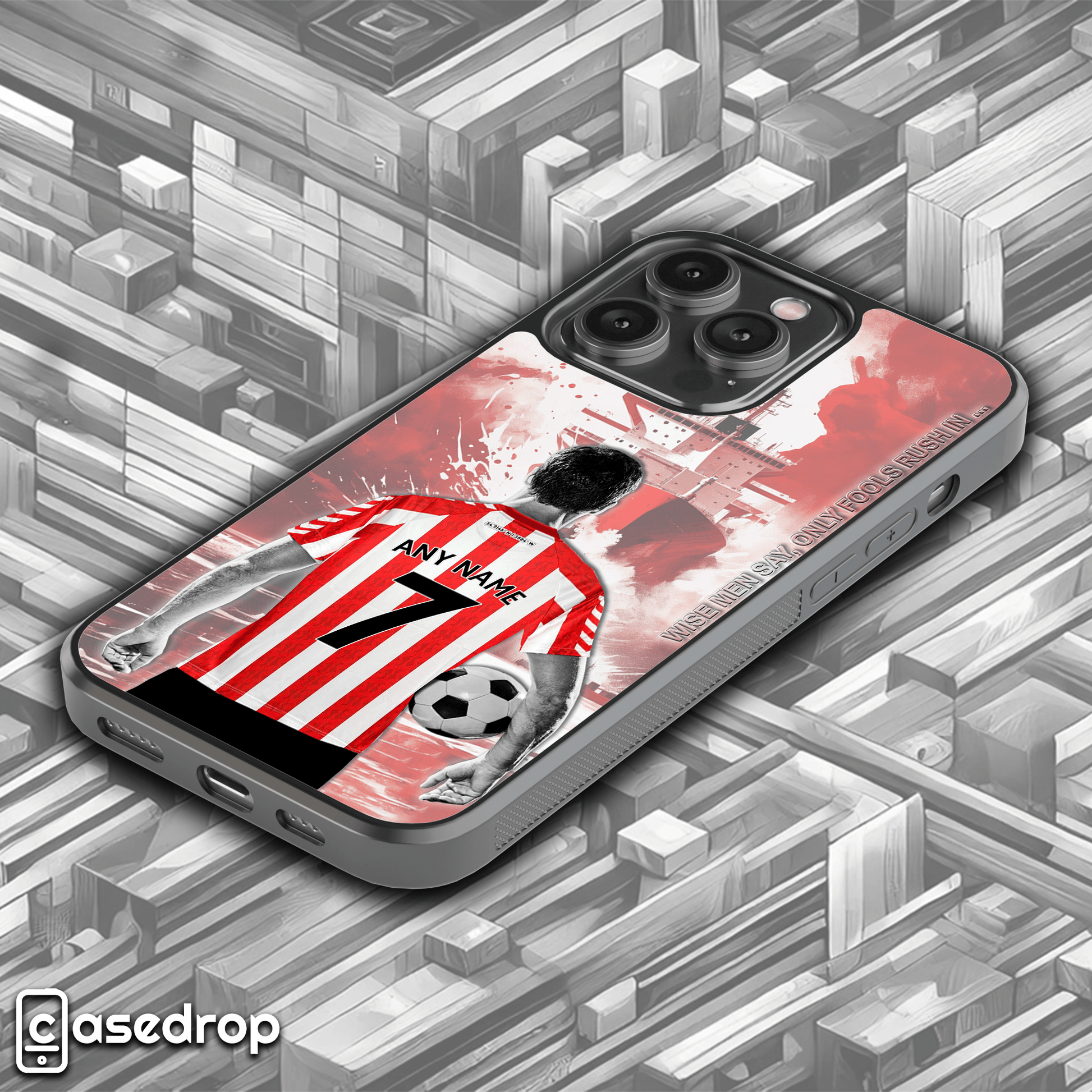 Red and white striped Sunderland football shirt phone cover for iPhone, Samsung Galaxy, and Google Pixel.