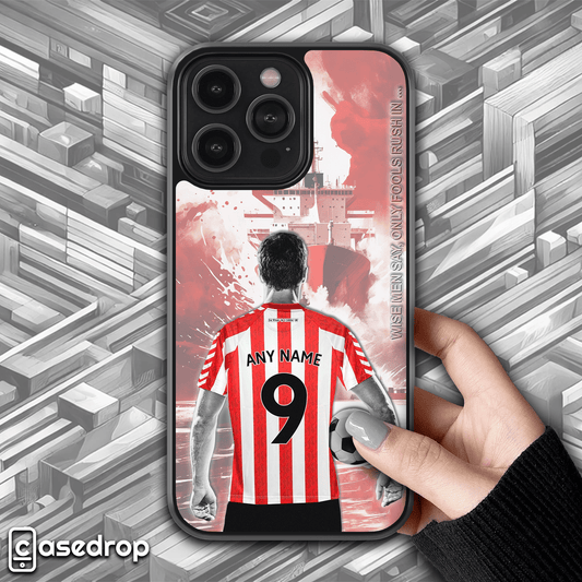 Sunderland personalised phone case, custom name and number, compatible with iPhone, Samsung, and Google Pixel.