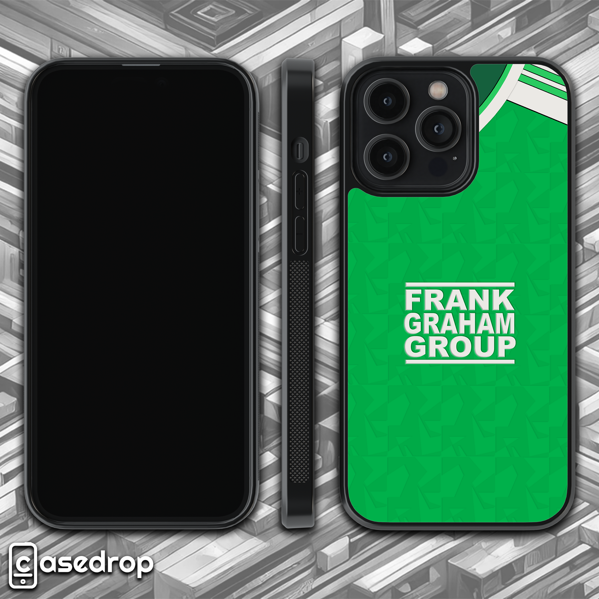 Hibernian 1989 retro football shirt phone case – rotating 360 view, compatible with iPhone, Samsung Galaxy & Google Pixel.