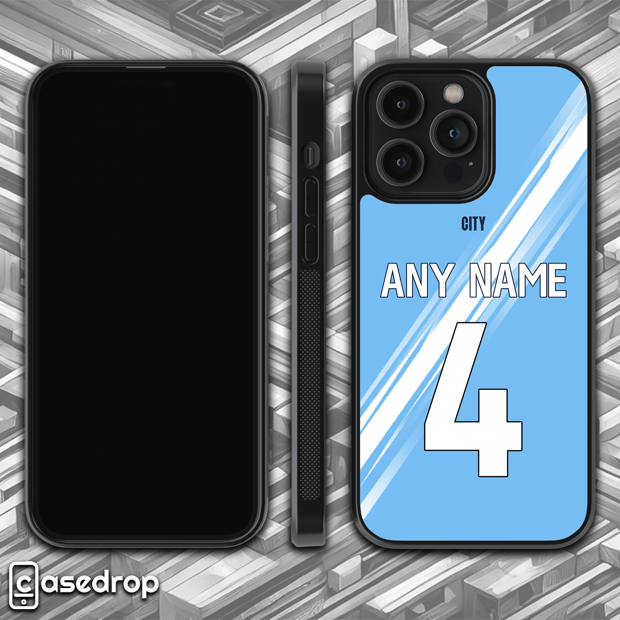 360 gif view of Man City 2025 2026 personalised football kit phone case for iPhone, Samsung and Google Pixel phone models