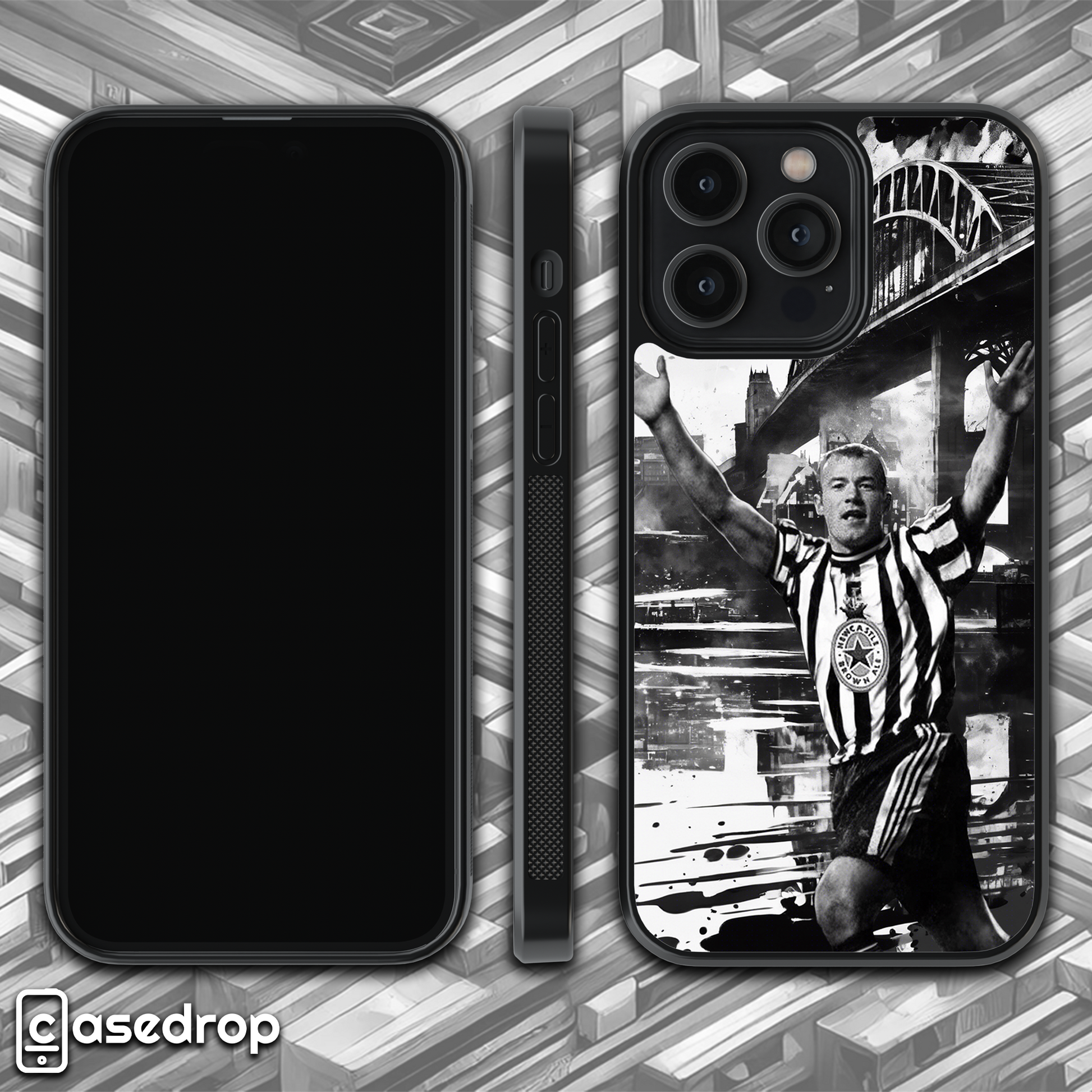 360 gif view of Newcastle football legend phone case with Shearer design for iPhone, Samsung and Google Pixel phone models