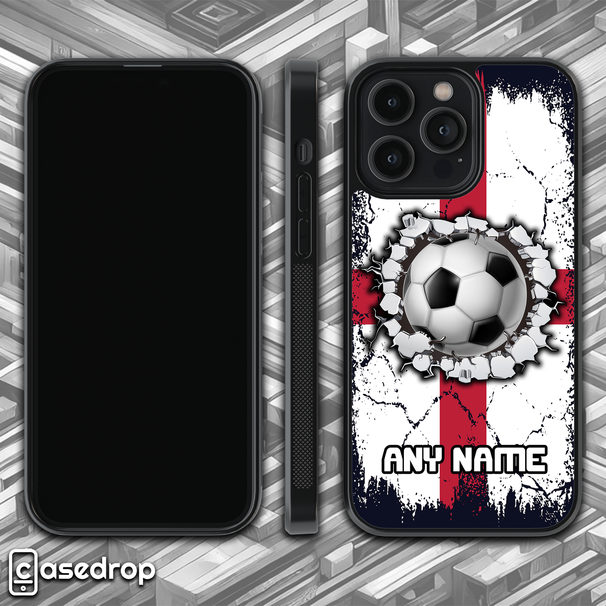 360 gif view of personalised England football phone case with cracked flag design for iPhone, Samsung and Google Pixel phone models