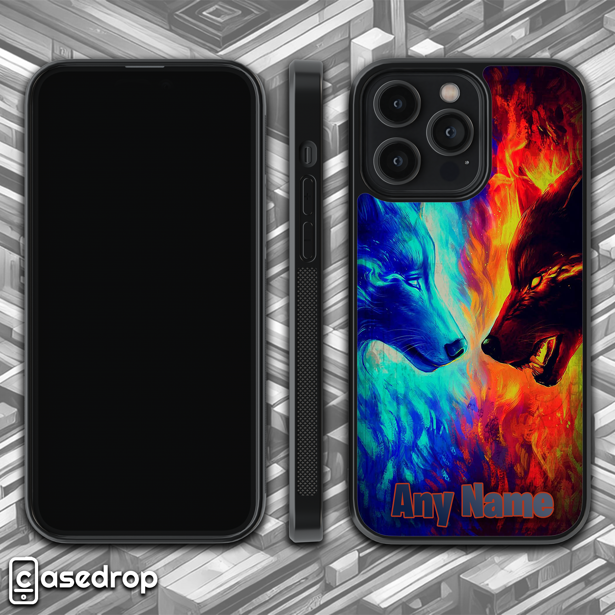 360 view of fire and ice custom wolf phone case for all phone models