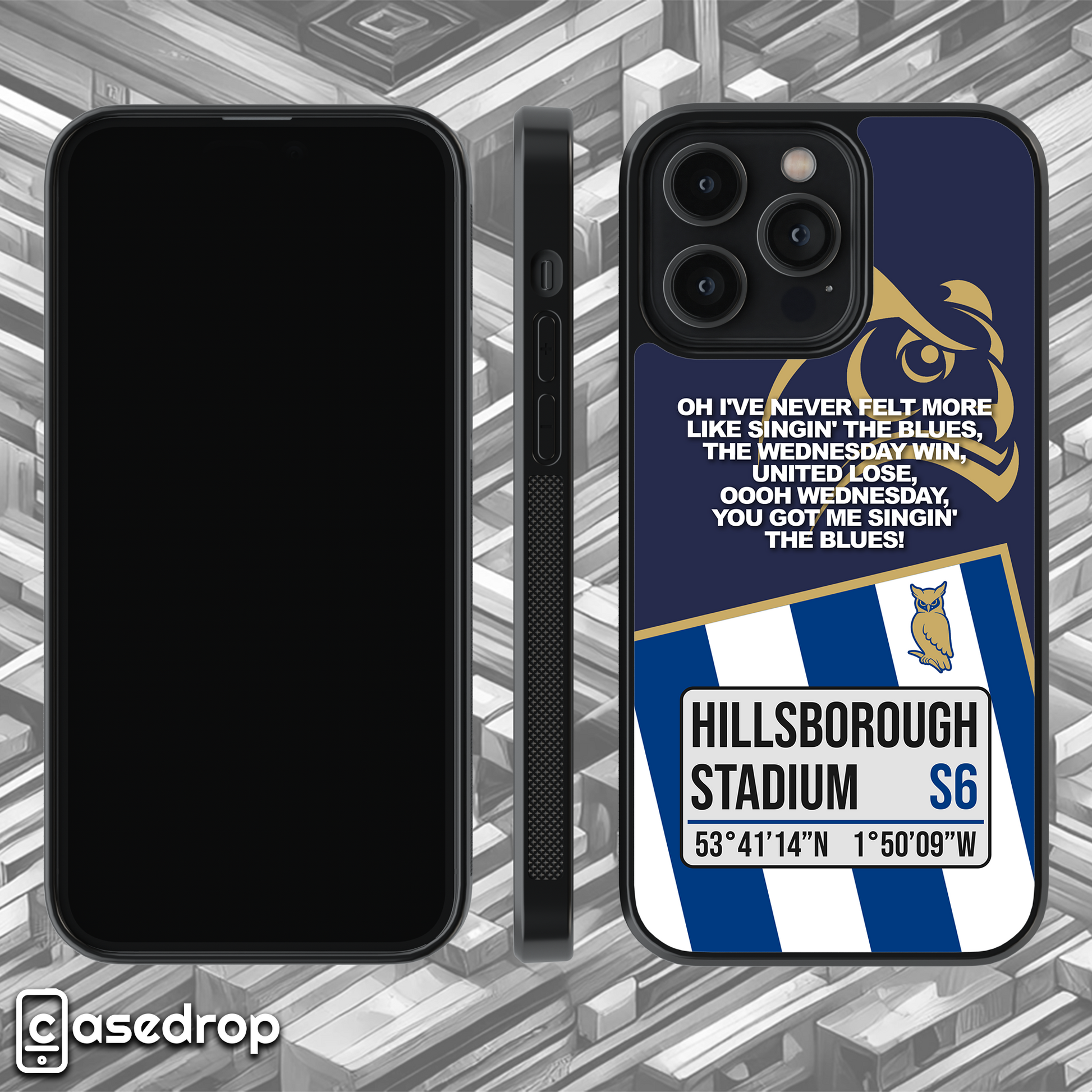 360 rotating view – Sheffield Wednesday football phone case with Hillsborough lyrics & coordinates
