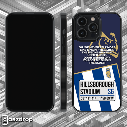 360 rotating view – Sheffield Wednesday football phone case with Hillsborough lyrics & coordinates